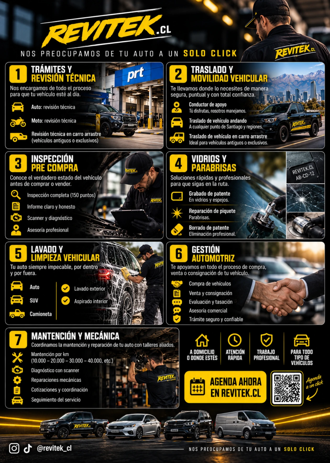 Flyer de servicios Revitek: revisi&oacute;n t&eacute;cnica, traslado, inspecci&oacute;n pre compra, vidrios, lavado, gesti&oacute;n automotriz, mantenci&oacute;n y mec&aacute;nica